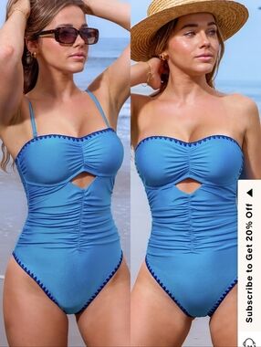 Cupshe Women's Swimsuit XL One Piece Blue Convertible Sweetheart Vacation Resort